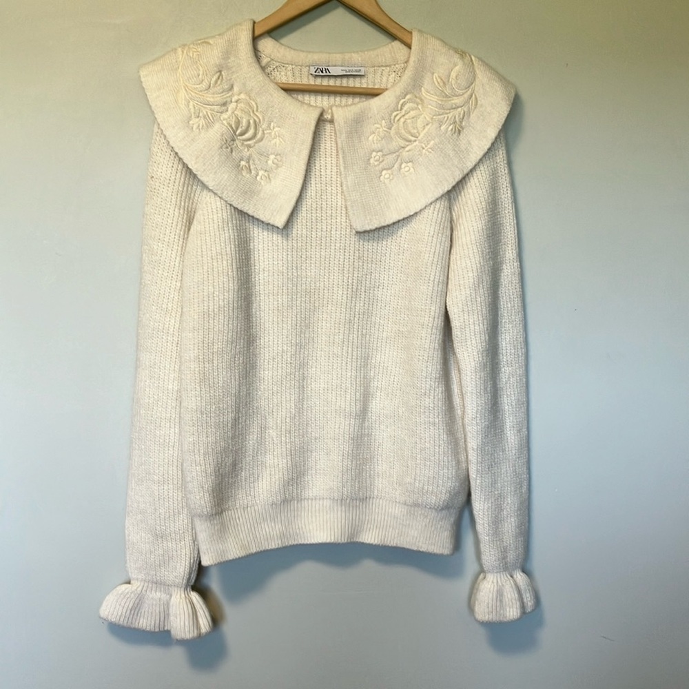 Zara Cream Embroidered Collar Sweater